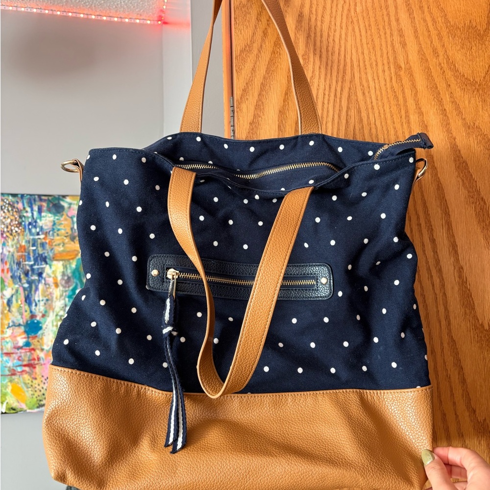 A New Day Polka Dot Tote Bag with Tan Accents